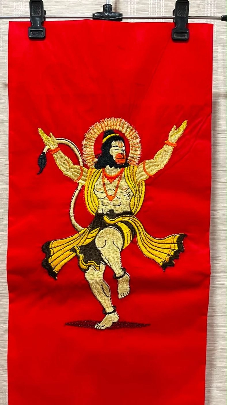 Upcoming Red cotton fabric kaftan embroidered with dancing Hanuman ji on front