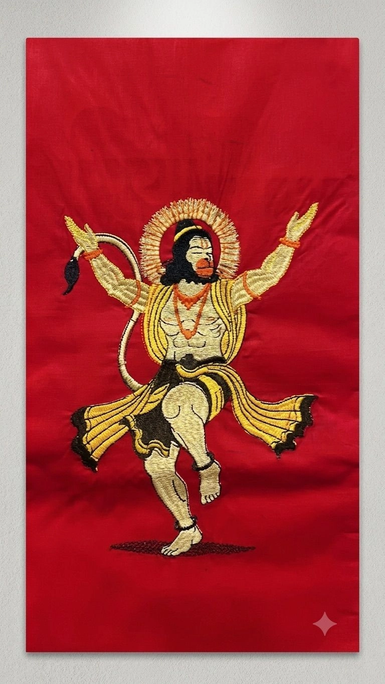 Upcoming Red cotton fabric kaftan embroidered with dancing Hanuman ji on front 3