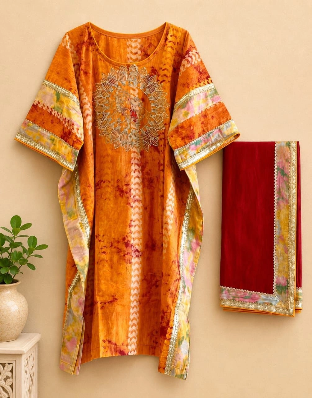Rusty printed with gold Ram Sita kaftan with dhoti
