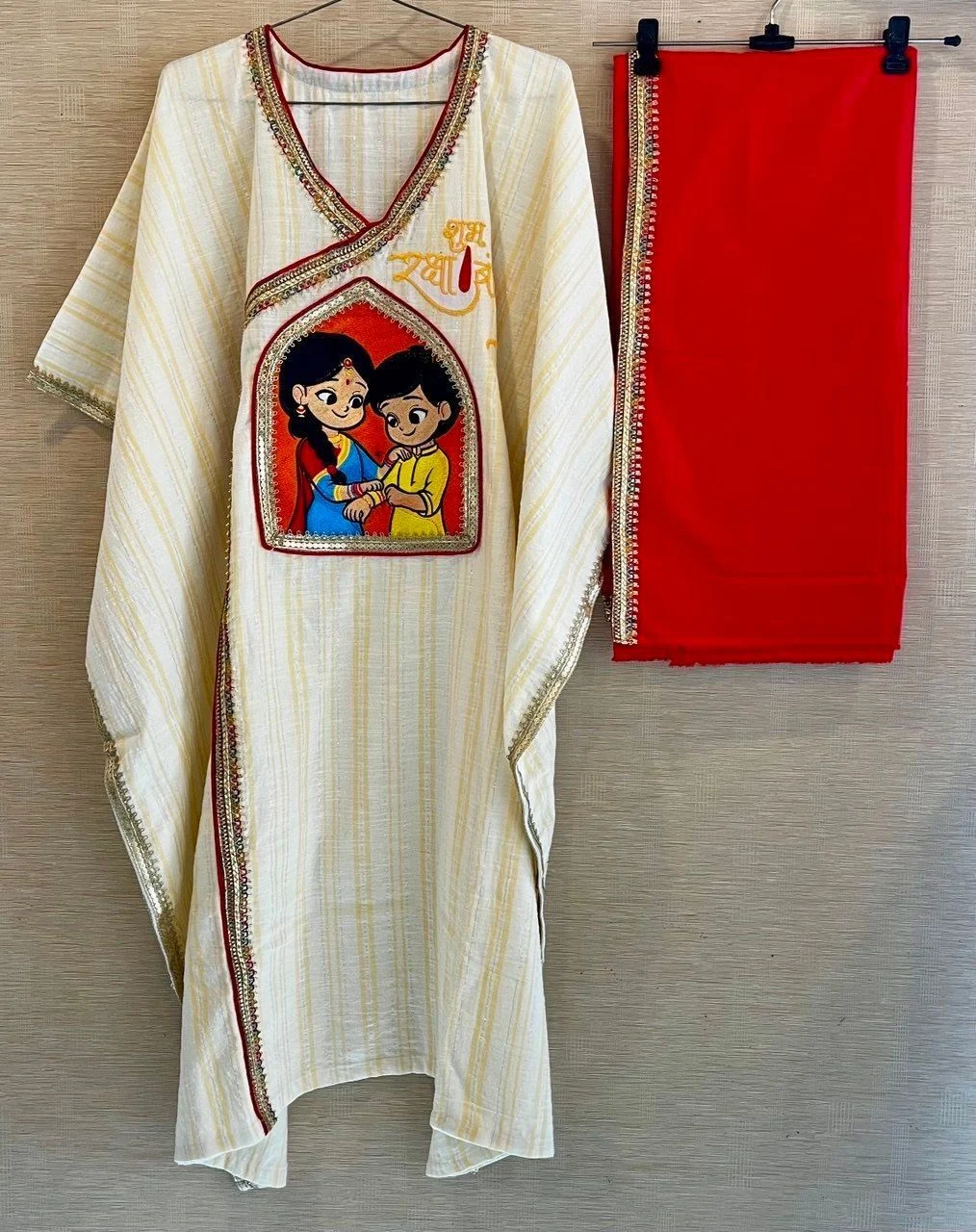 Behen bhai embroidery white Angrakha kaftan with red dothi