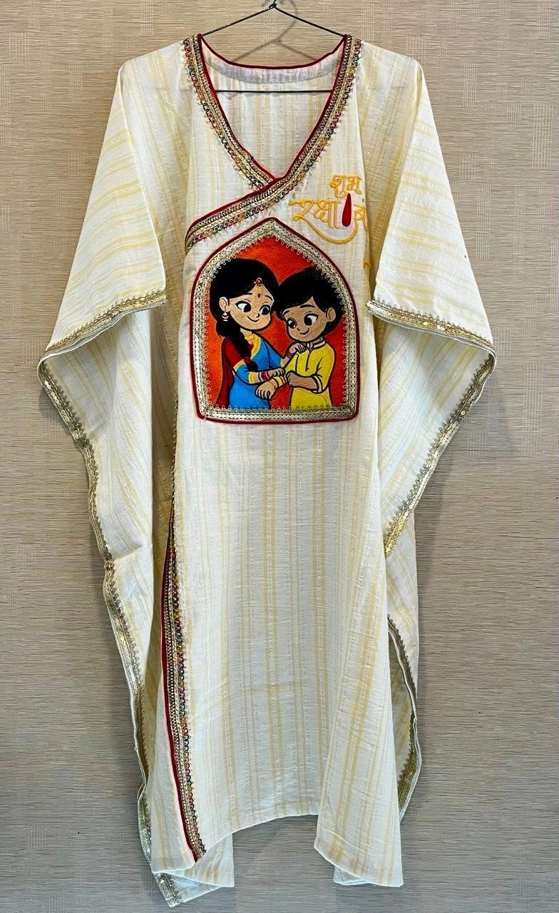 Behen bhai embroidery white Angrakha kaftan with red dothi