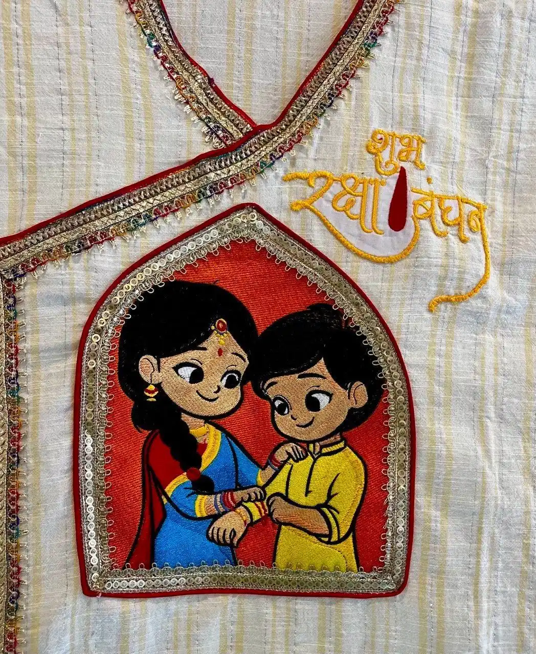 Behen bhai embroidery white Angrakha kaftan with red dothi 3