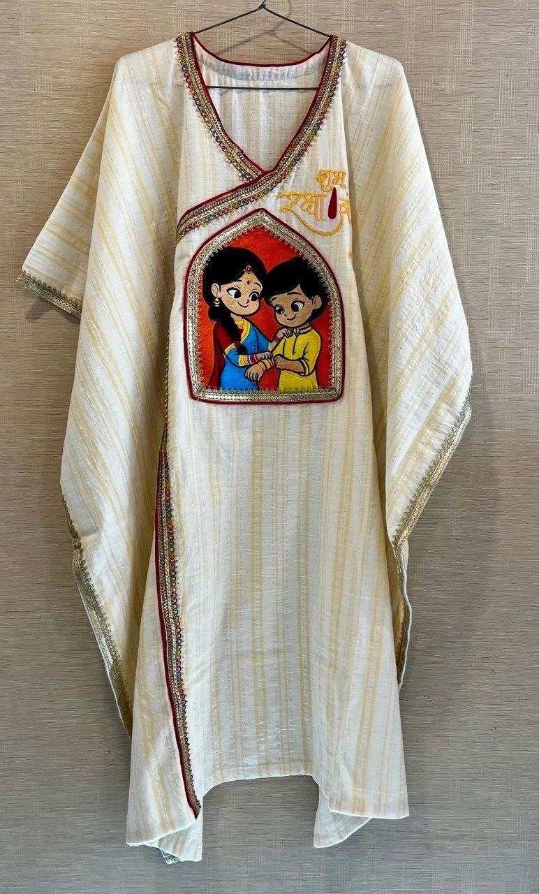 Behen bhai embroidery white Angrakha kaftan with red dothi 4