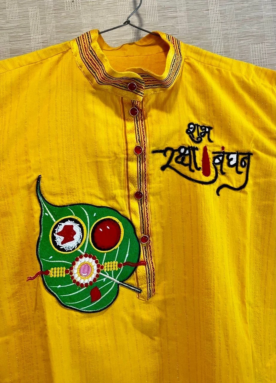 Zari dhaga yellow cotton kurta with resham embroidery+dothi