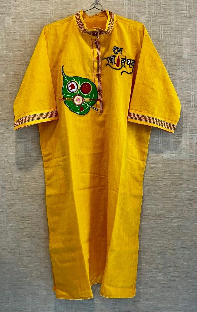 Zari dhaga yellow cotton kurta with resham embroidery+dothi