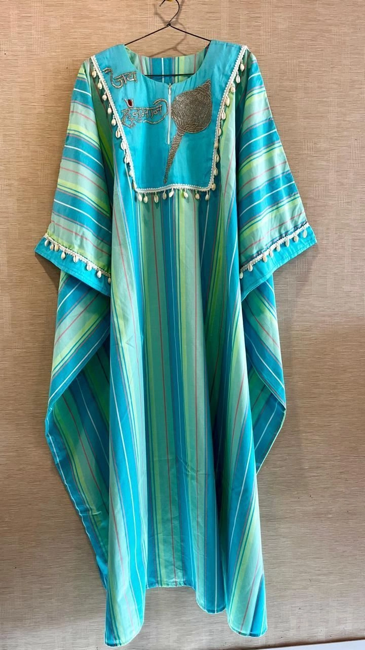 Blue liner cotton kaftan with silver zari embroidery