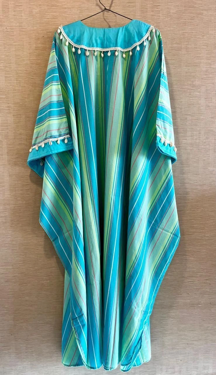 Blue liner cotton kaftan with silver zari embroidery 3