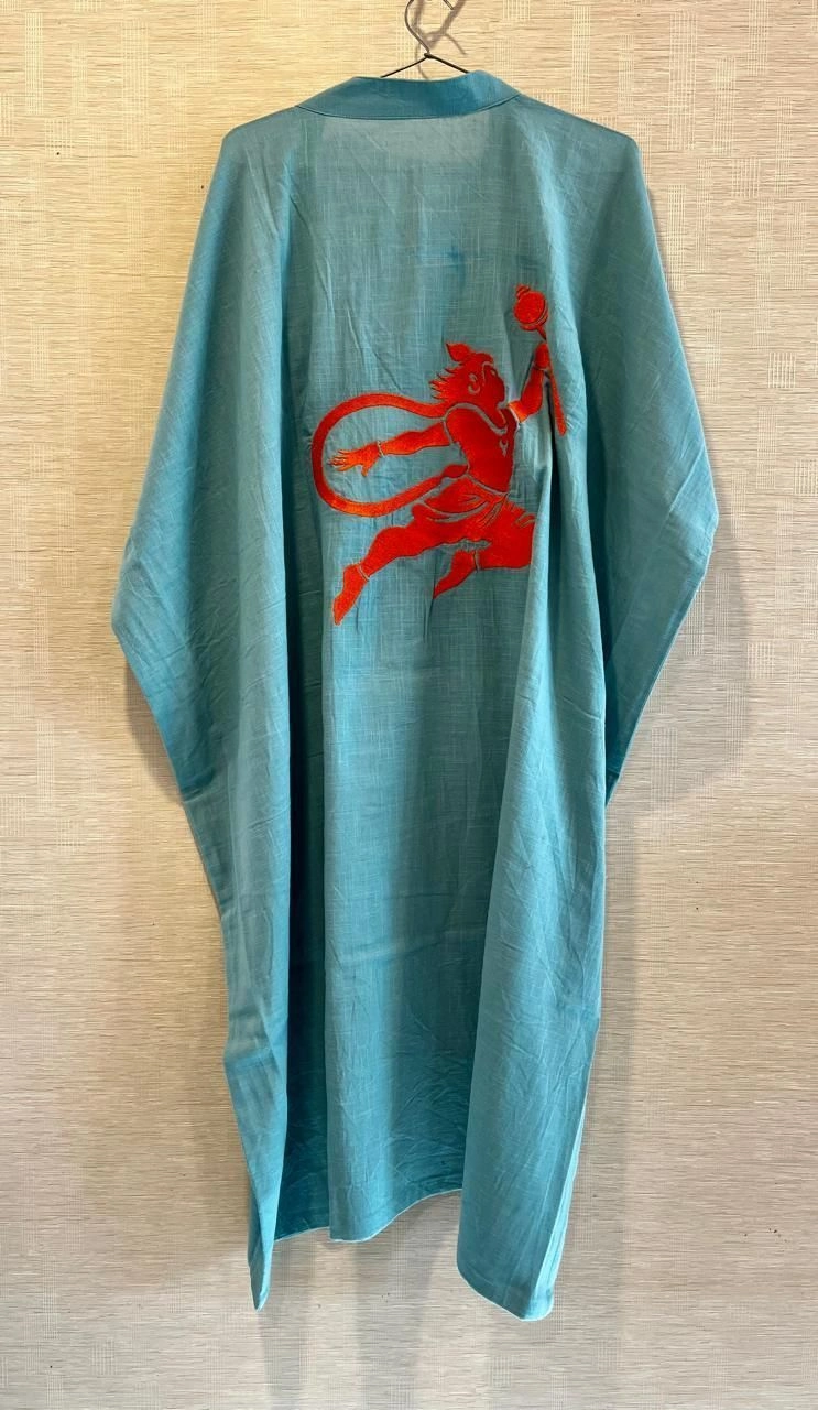 Green linen kaftan with resham embroidery motifs front and back