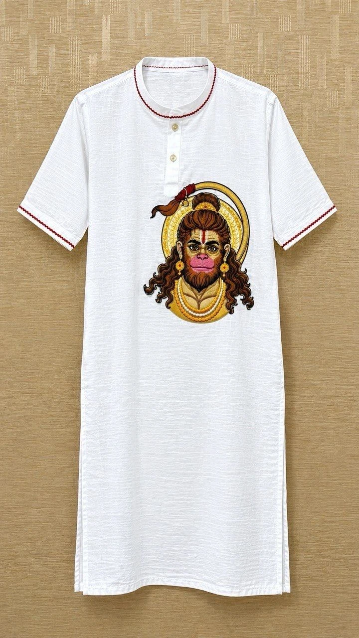 Pure Lenin White kurta embroidery with Balaji face and dhoti 1
