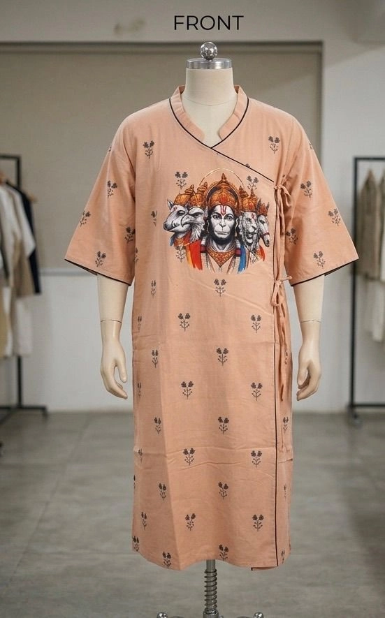 Peach angrakha printed kurta with dhoti 1