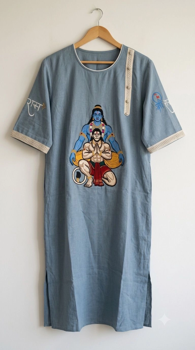 Pure Lenin kurta embroidery with Ramji and Hanuman ji on front 1