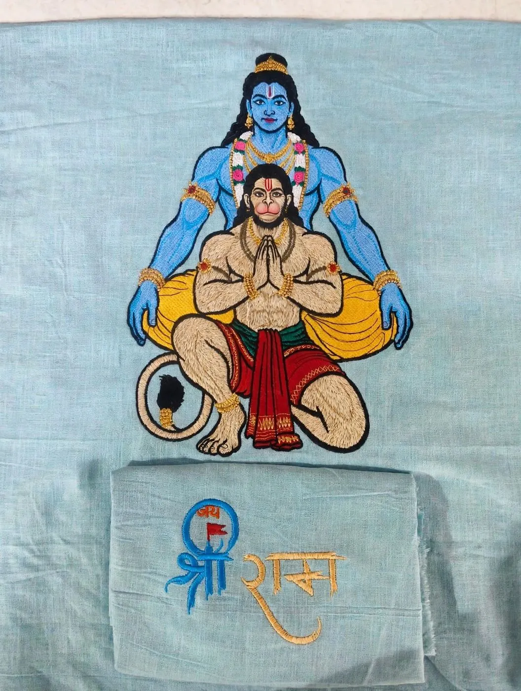 Pure Lenin kurta embroidery with Ramji and Hanuman ji on front 2
