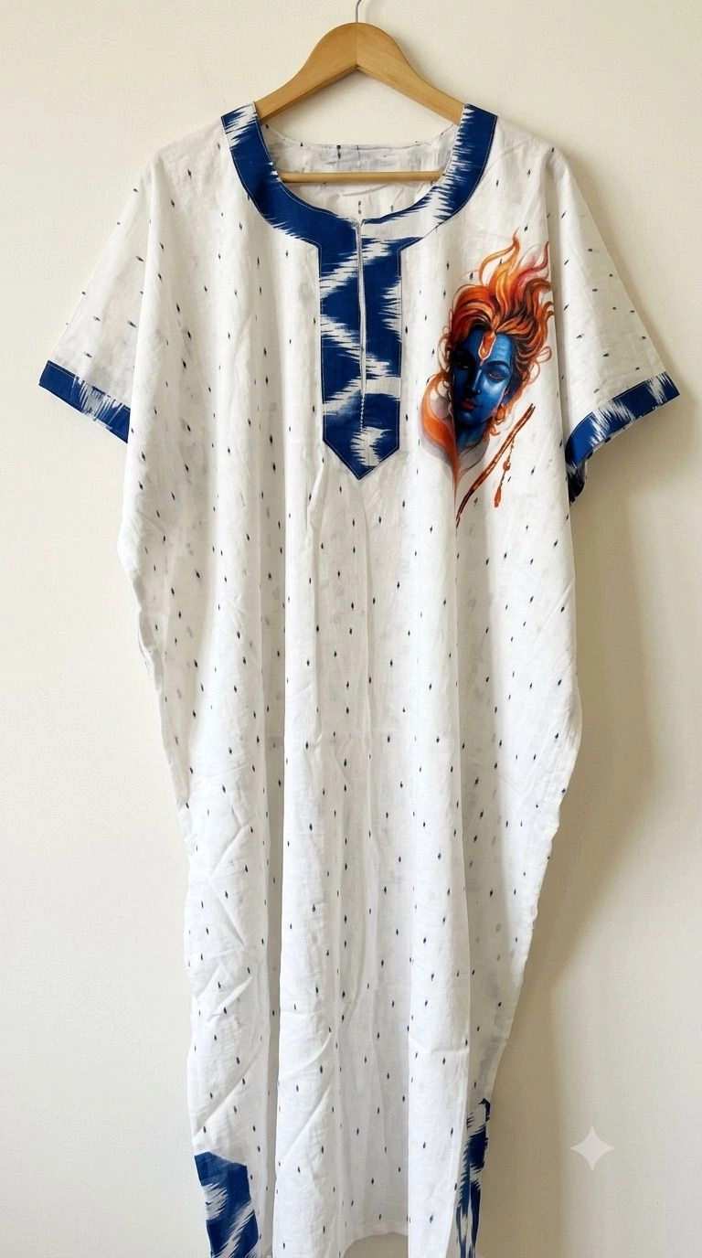 White blue spot cotton fabric printed on front and back kaftan 1
