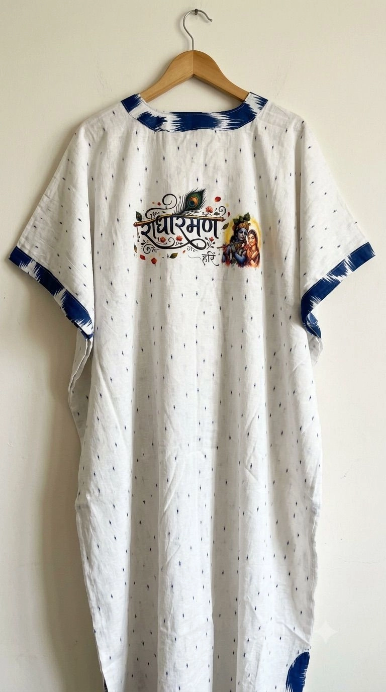 White blue spot cotton fabric printed on front and back kaftan 2