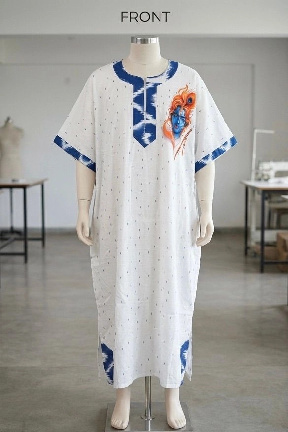 White blue spot cotton fabric printed on front and back kaftan 3