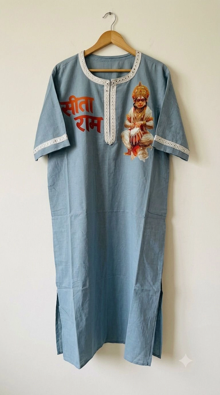 Powder blue printed kurta on Lenin fabric with dhoti 1