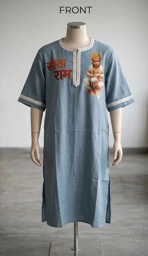Powder blue printed kurta on Lenin fabric with dhoti 2