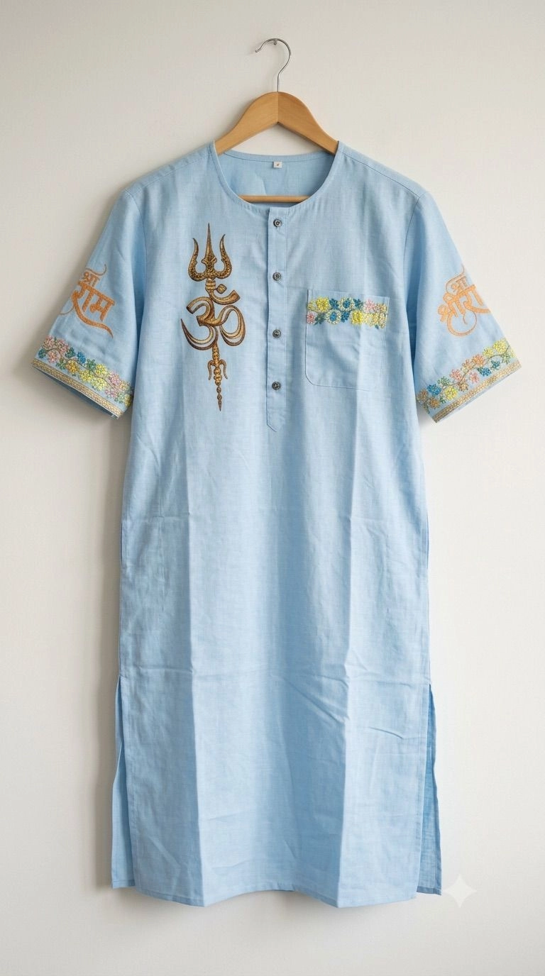 Light blue cotton fabric printed on front and back kurta with dhoti 1