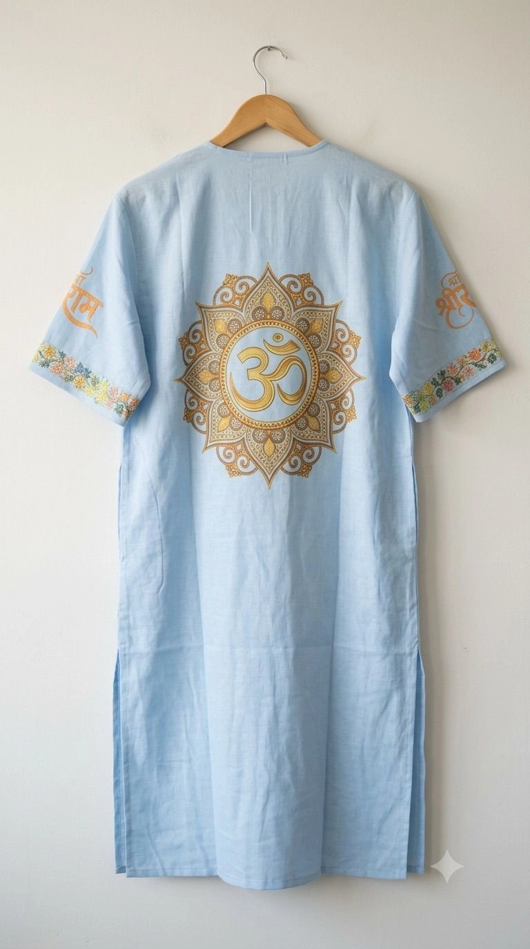 Light blue cotton fabric printed on front and back kurta with dhoti 2
