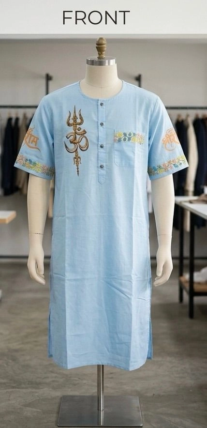 Light blue cotton fabric printed on front and back kurta with dhoti 3