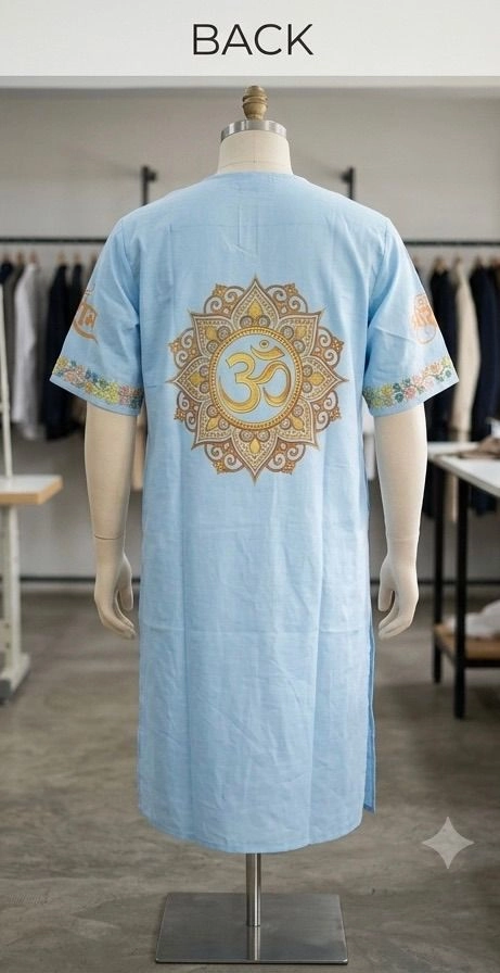 Light blue cotton fabric printed on front and back kurta with dhoti 4