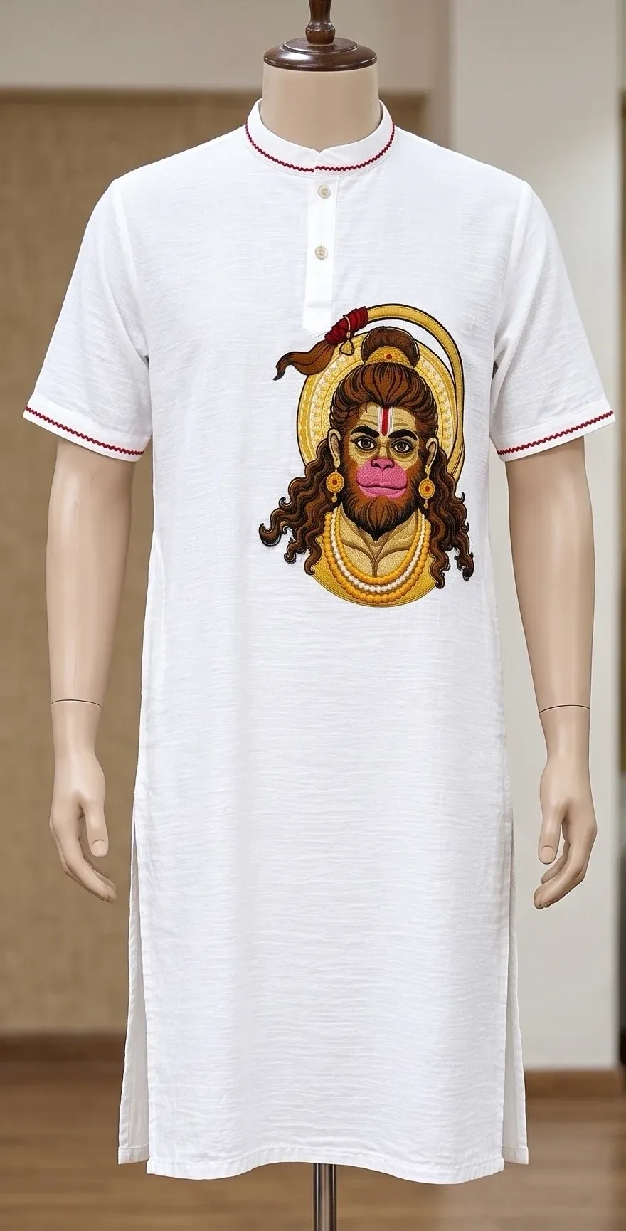 Pure Lenin White kurta embroidery with Balaji face and dhoti