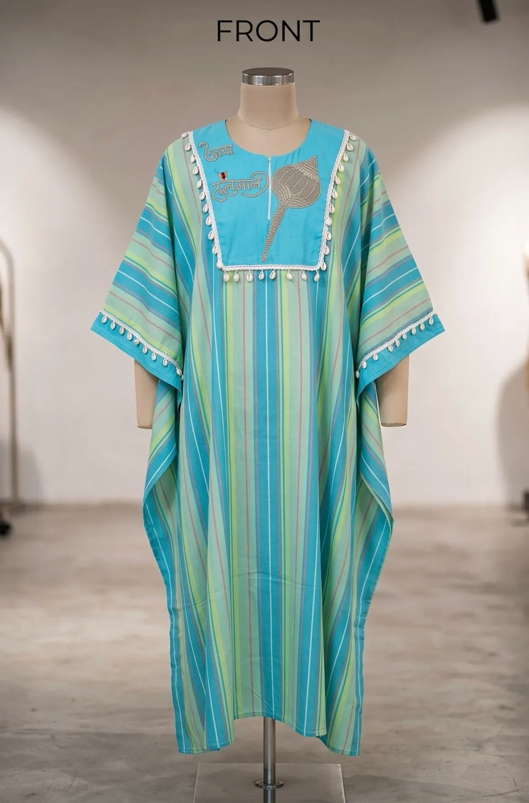 Blue liner cotton kaftan with silver zari embroidery 1