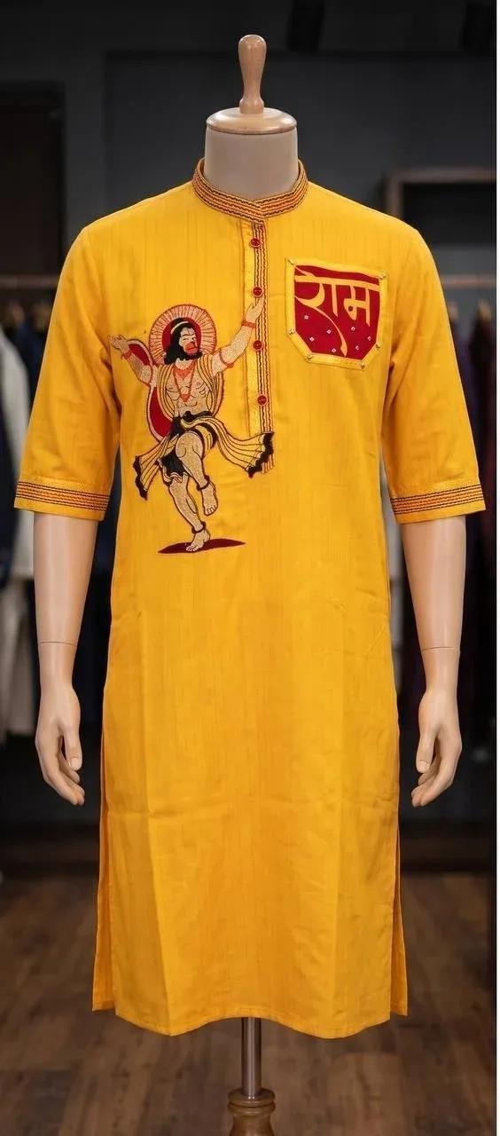 Yellow cotton kurta in zari lines with dhoti 1