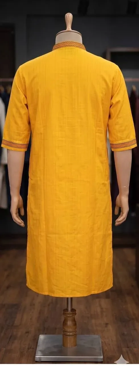 Yellow cotton kurta in zari lines with dhoti 2
