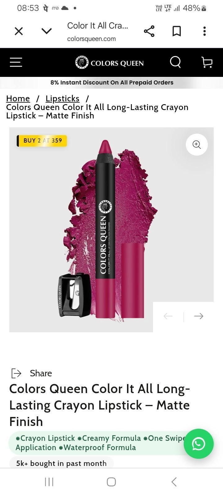 Colors Queen Color It All Long-Lasting Crayon Lipstick – Matte Finish (pack of 2)