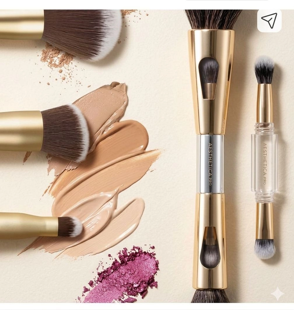 OB Ocean Beauty 4-in-1 Multi-Functional Travel Makeup Brush - Double-Sided Detachable Kit with Ultra Soft Bristles for Foundation, Powder & Eyeshadow Blending