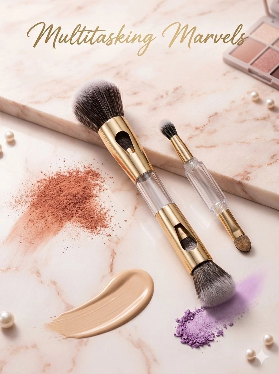 OB Ocean Beauty 4-in-1 Multi-Functional Travel Makeup Brush - Double-Sided Detachable Kit with Ultra Soft Bristles for Foundation, Powder & Eyeshadow Blending