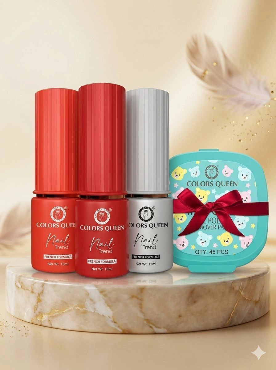 Colors Queen Long Lasting Mini Manicure Kit | 3 High-Shine Nail Paint (Red/Orange/White) & 45 Pcs Nail Polish Remover Pads