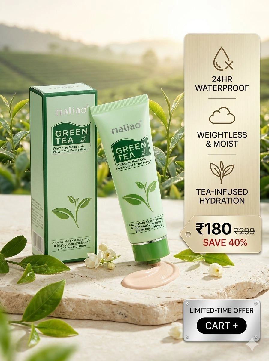 Maliao Green Tea Whitening Moist Skin Waterproof Foundation - 24HR Long Lasting, Weightless & Hydrating Liquid Base Cream