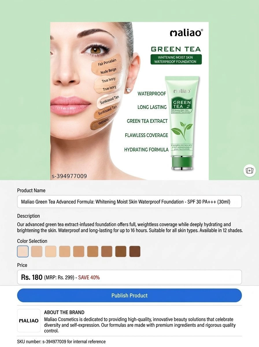 Maliao Green Tea Whitening Moist Skin Waterproof Foundation - 24HR Long Lasting, Weightless & Hydrating Liquid Base Cream