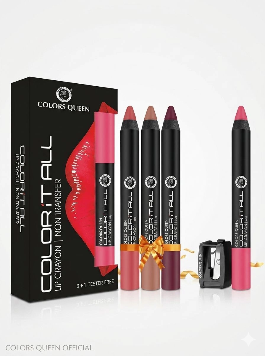 Colors Queen Color It All Non-Transfer Lip Crayon Lipstick Combo Pack (3+1 Tester Free with Sharpener)