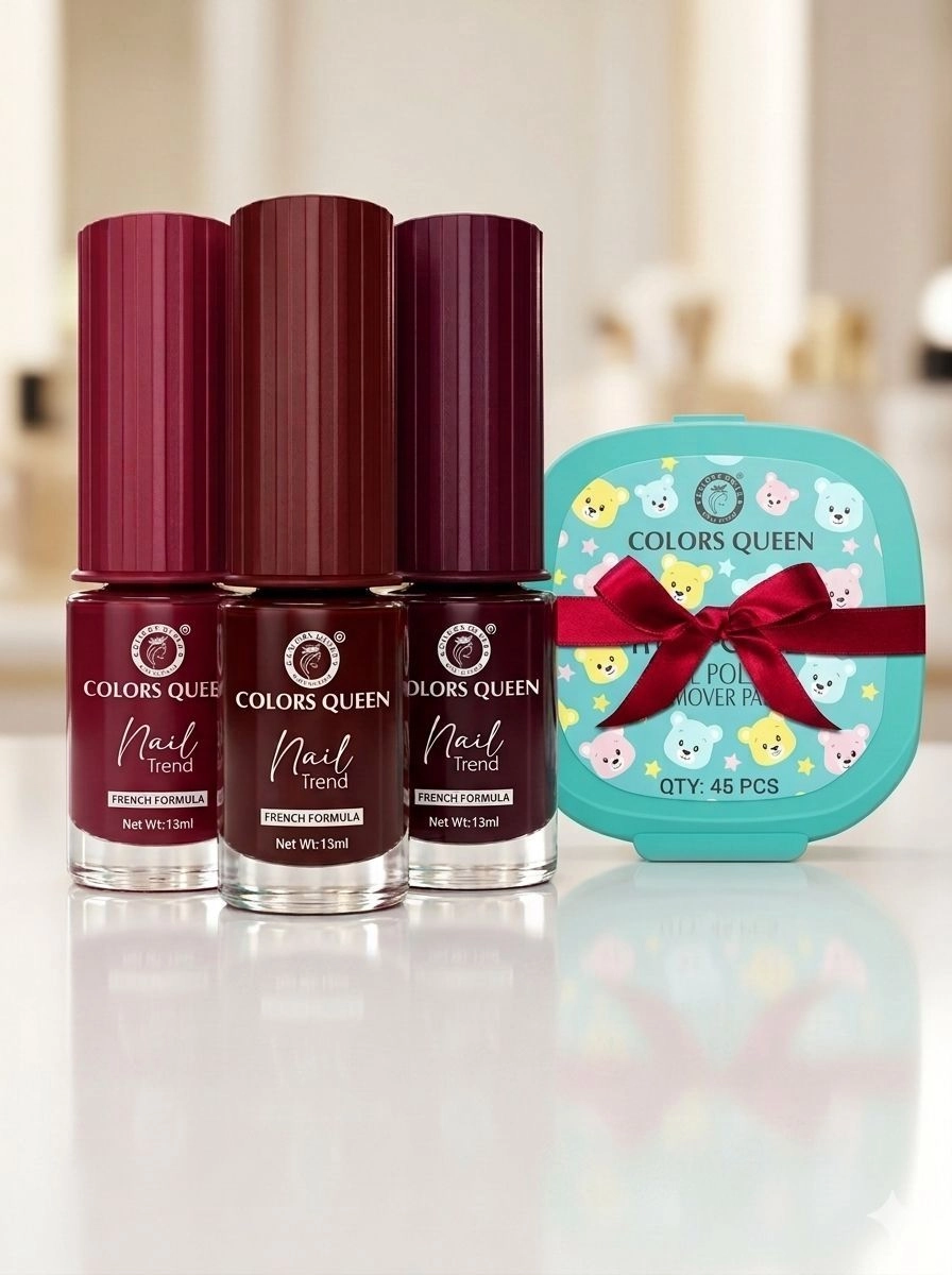 Colors Queen Nail Trend Combo Pack - Set of 3 Long Lasting Nail Paints (13ml Each) with 45 Pcs Nail Polish Remover Pads