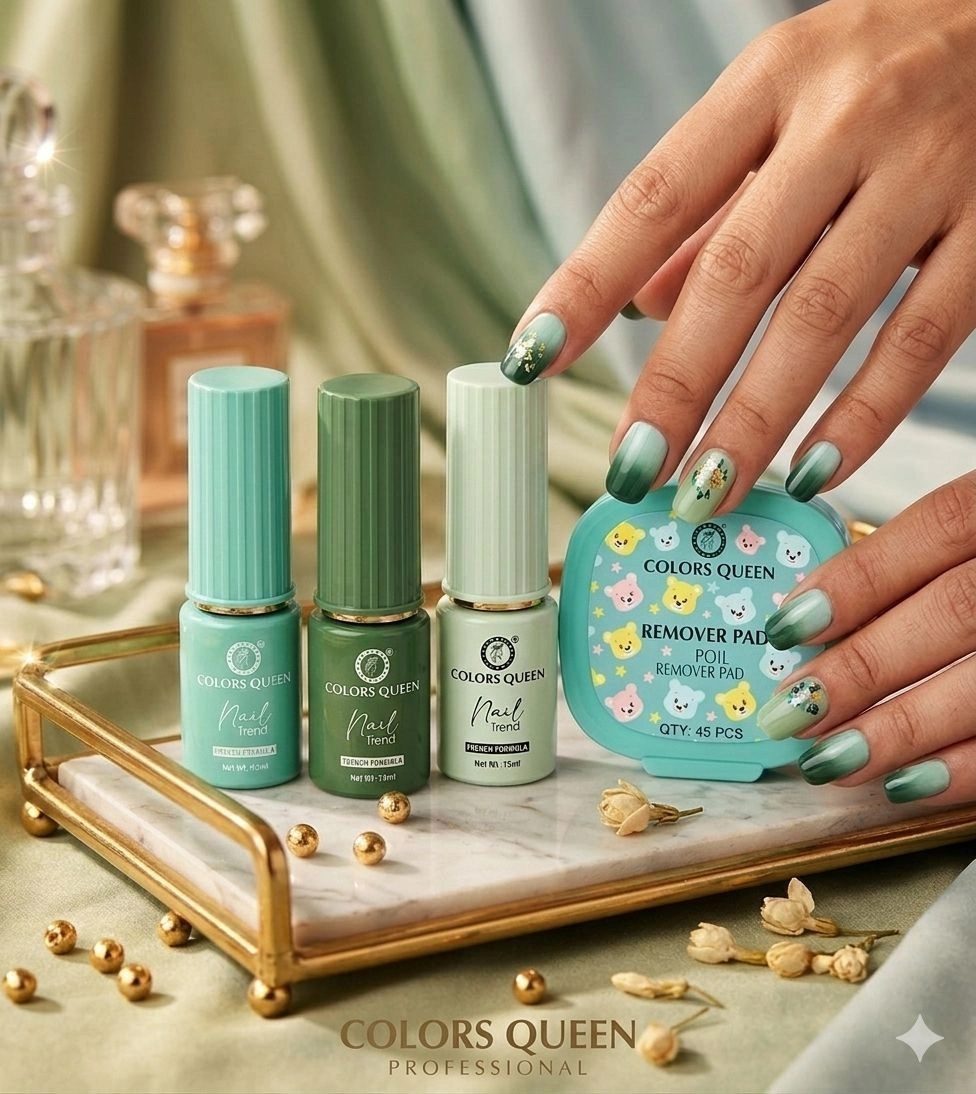 Colors Queen Green Essence Nail Trend Combo Set - 3 Long Lasting Mint, Sage & Olive Green Nail Paints with 45 Pcs Remover Pads