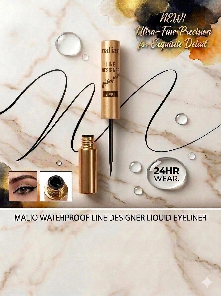 Maliao Line Designer Waterproof Liquid Eyeliner - Jet Black, Long Lasting & Smudge-Proof (Premium Gold Packaging)