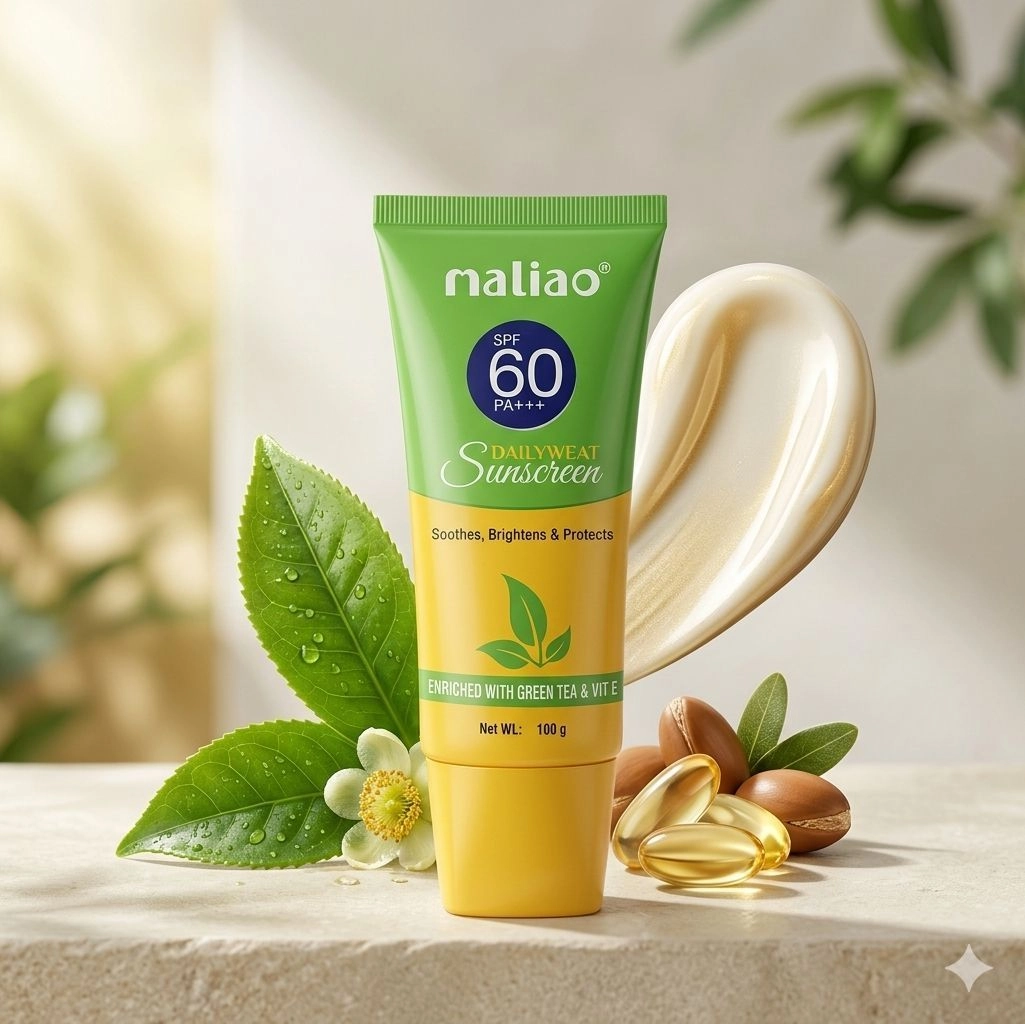 Maliao Dailywear Sunscreen SPF 60 PA+++ – Broad Spectrum UVA/UVB Protection, Enriched with Green Tea & Vitamin E (100g)