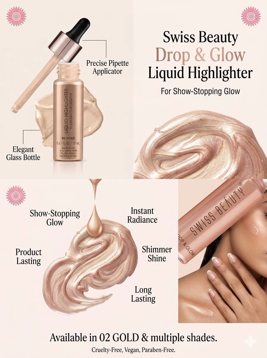 Swiss Beauty Drop & Glow Liquid Highlighter for Show-Stopping Glow - Shade: 02 Gold