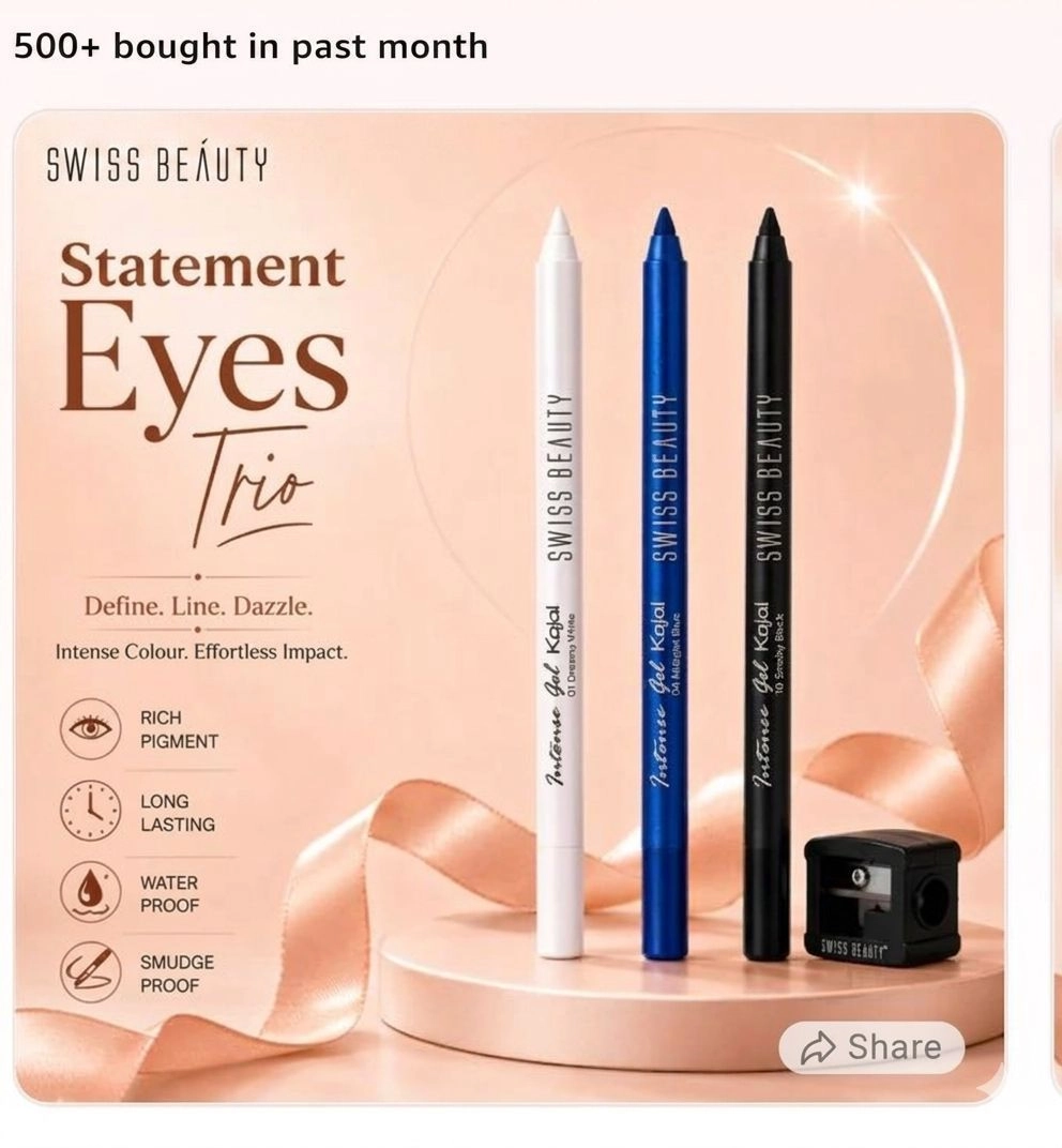 Swiss Beauty Statement Eyes Trio - Intense Gel Kajal Kit (Set of 3 Shades with Sharpener)