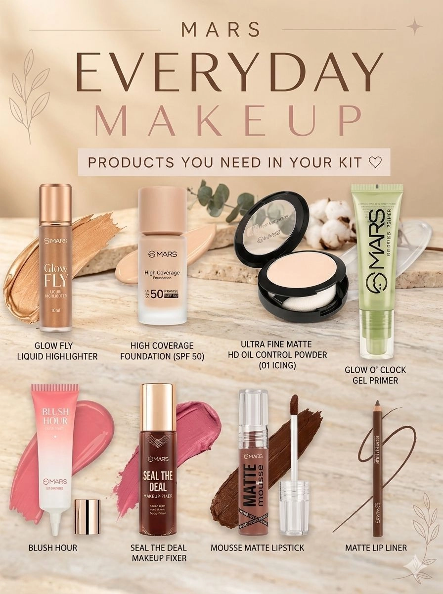 MARS Everyday Makeup Kit Combo | Ultra Fine Matte Powder, High Coverage Foundation SPF 50, Liquid Highlighter & Gel Primer (Pack of 8 Essential Products)