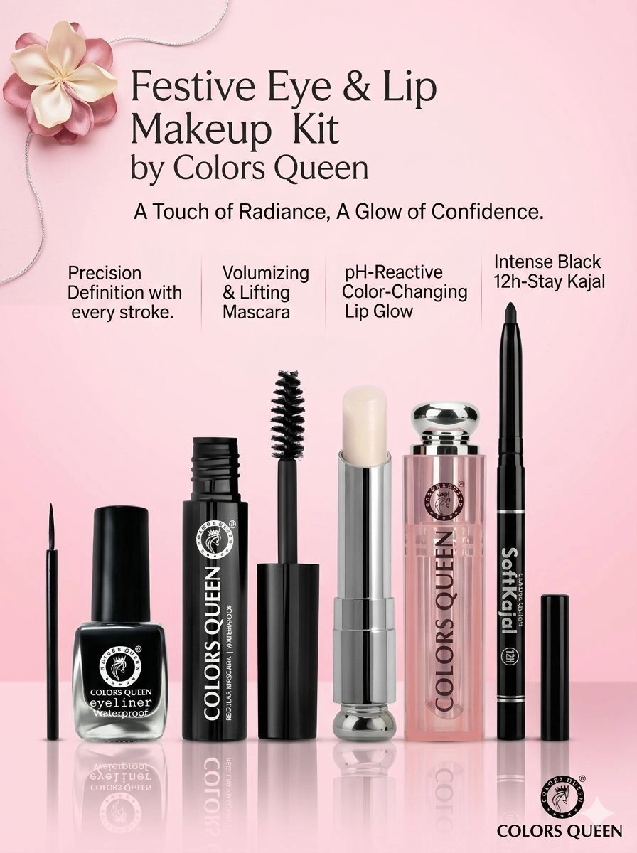 Colors Queen Festive Eye & Lip Makeup Kit (Pack of 4) – Waterproof Eyeliner, Mascara, Soft Kajal & pH Lip Balm