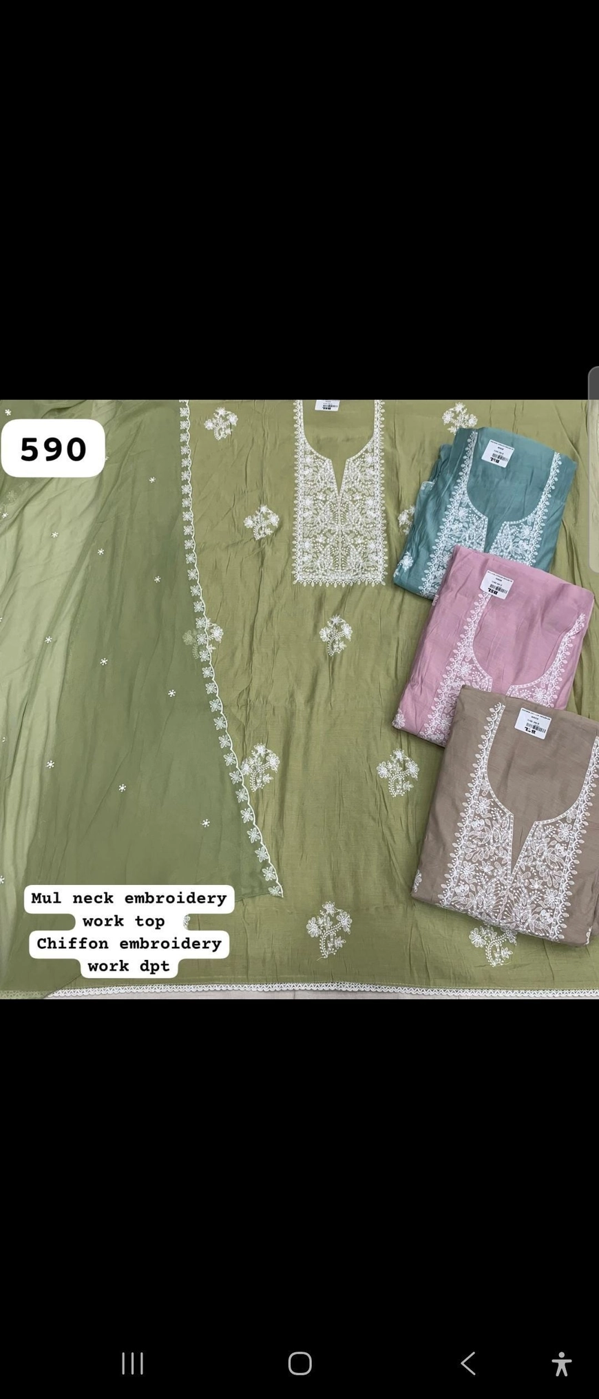 Mul neck embroidery work top Chiffon embroidery work dupatta (Rs.590 per piece: total 4 piece)