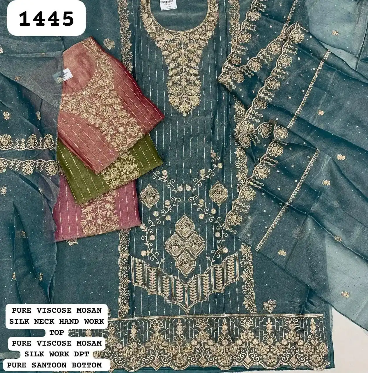 PURE VISCOSE MOSAN SILK NECK HAND WORK TOP
PURE VISCOSE MOSAM SILK WORK DPT
PURE SANTOON BOTTOM(Rs.1445 per piece : total 4 piece)