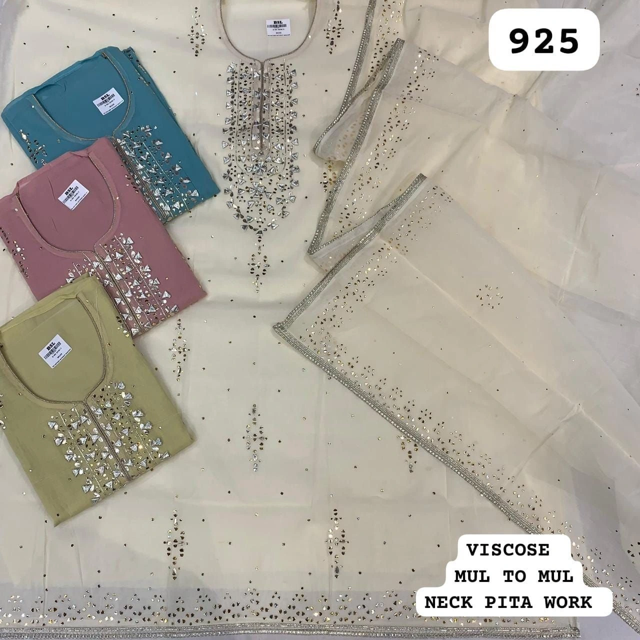 Viscose Mul to mul Neck Pita work (Rs.925 per piece: total 4 piece)