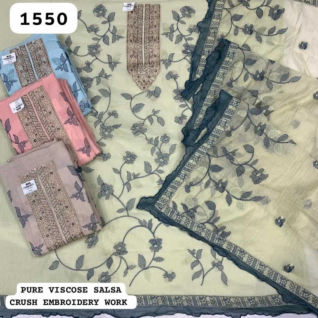 Pure viscose salsa crush embroidery work (Rs.1550 per piece: total 4 piece)