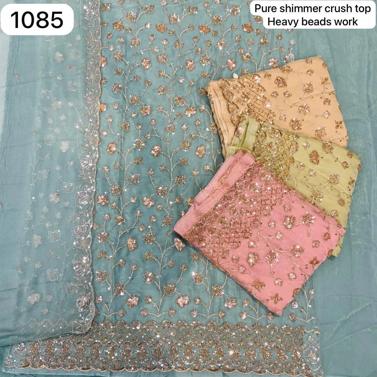 Pure shimmer crush top
Heavy beads work(Rs 1085 per piece: total 4 piece)