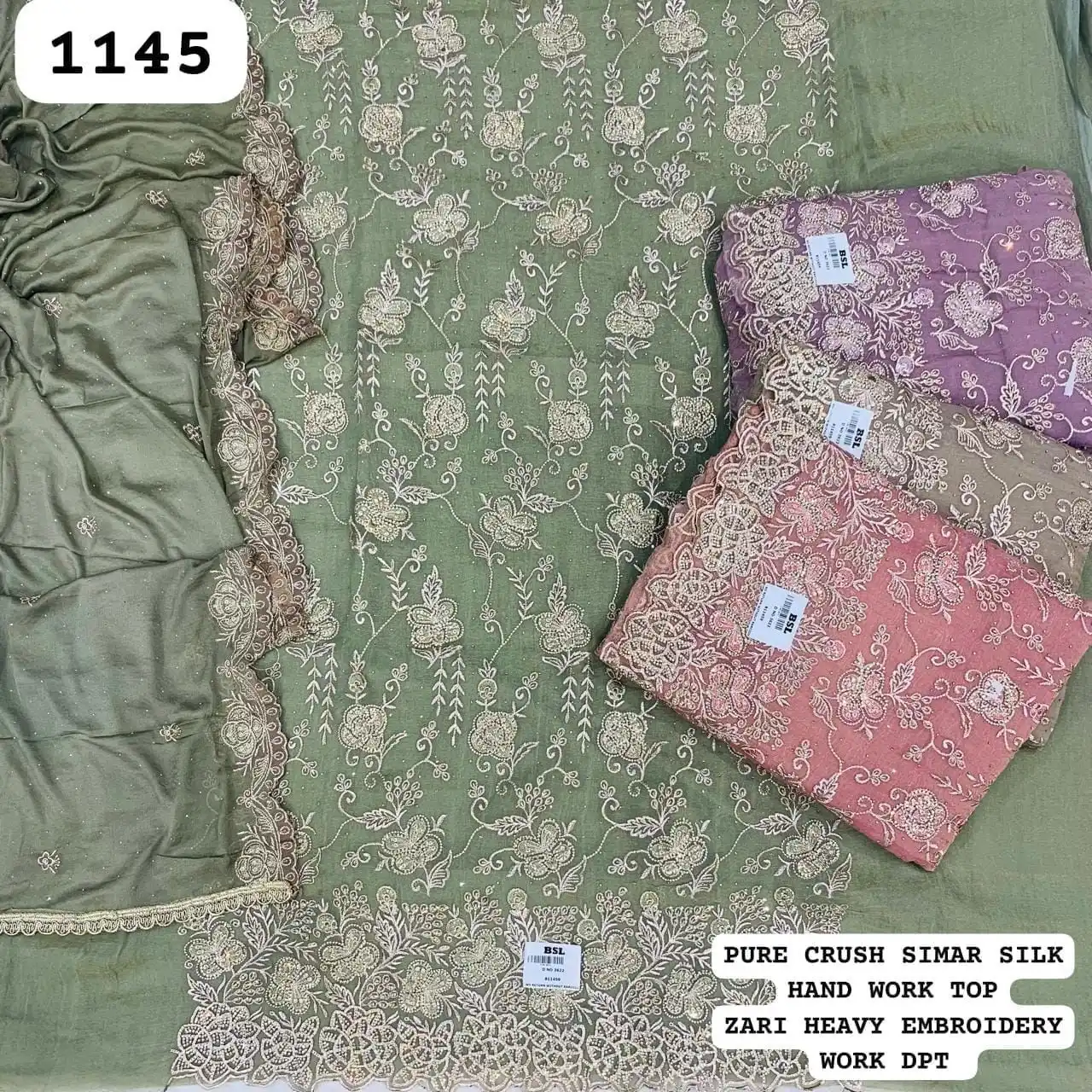 Pure crush simar silk hand work top
Zari heavy embroidery work dpt(Rs.1145 per piece: total 4 piece)